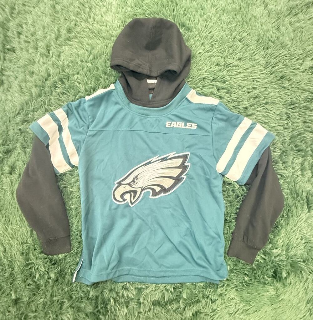 Philadelphia Eagles Youth Layered Look 14-16 Hoodie Jersey Teal Black White NFL